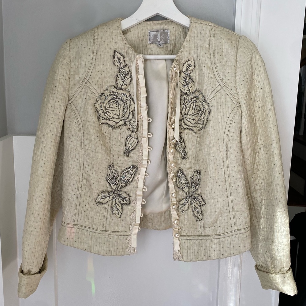 Alberto Makali Marcasite Studded Cream Quilted Satin Rose Blazer